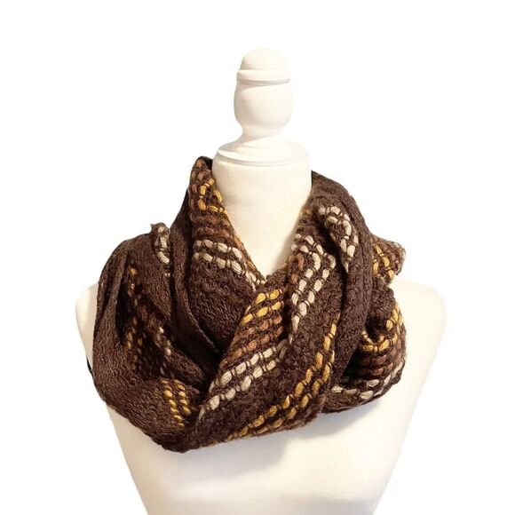 Brown and Tan Chevron Knit Fringe Scarf Long 80”x21” Acrylic - Picture 2 of 6